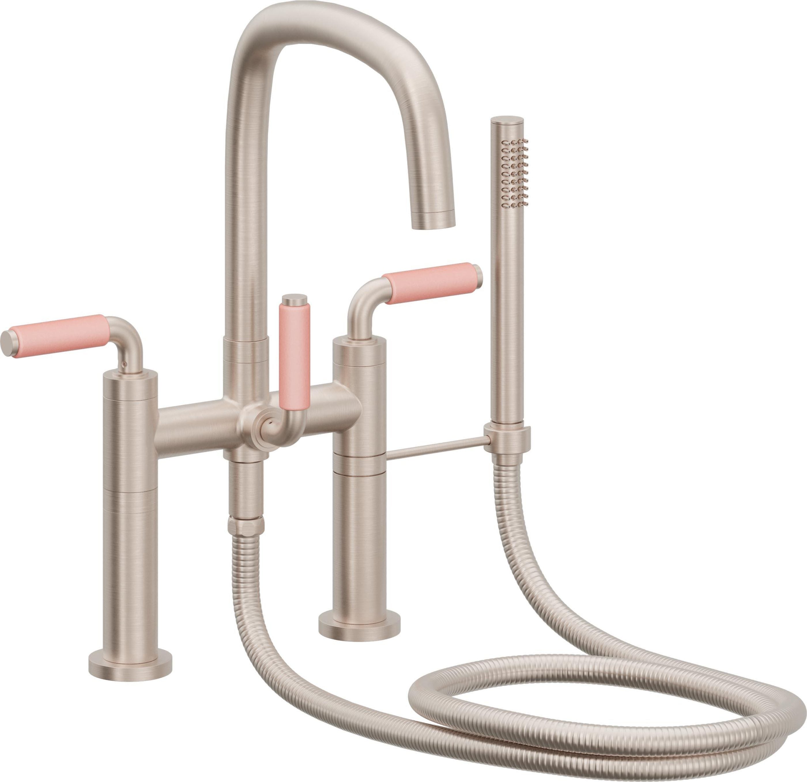 California Faucets San Elijo Contemporaneo Llenador de Tina de Montaje en Cubierta - Pico Cuadrado - Manija de Porcelana Rosa