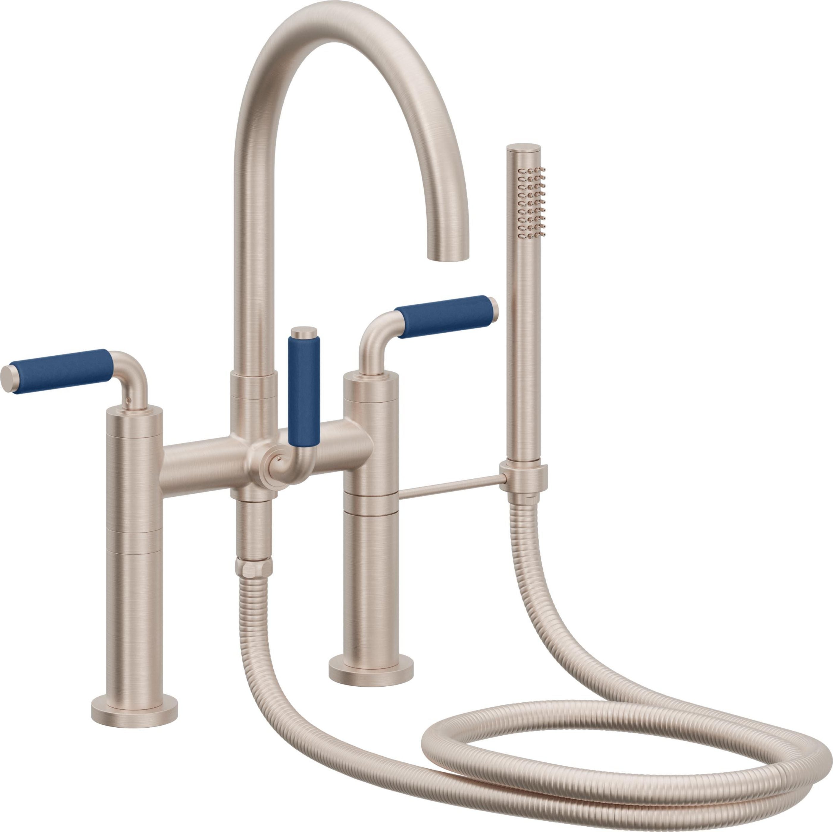 California Faucets Asilomar Contemporaneo Llenador de Tina de Montaje en Cubierta - Pico en Arco - Manija de Porcelana Azul