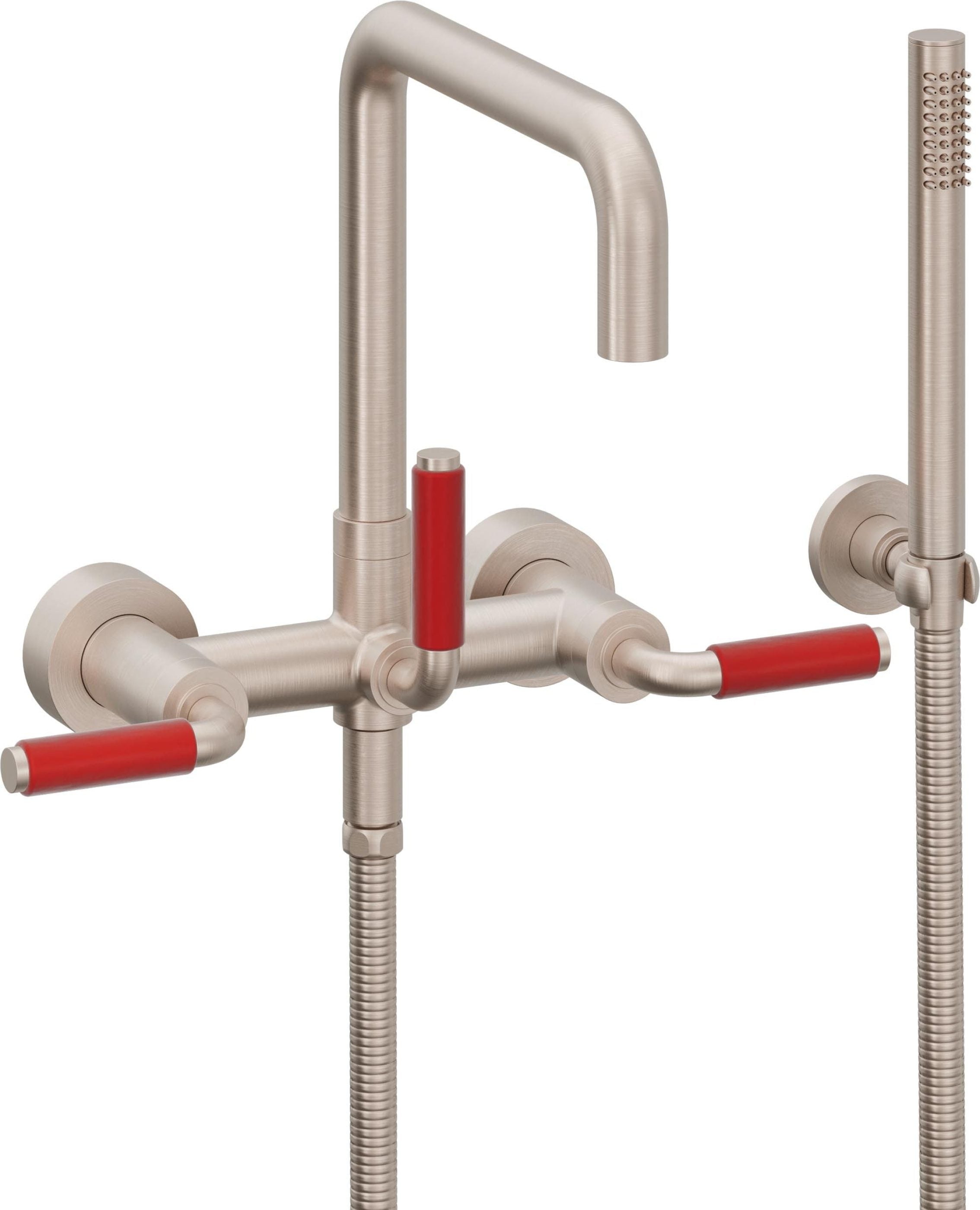 California Faucets Bolsa Contemporaneo Llenador de Tina de Montaje en Pared - Pico Cuadrado - Manija Roja