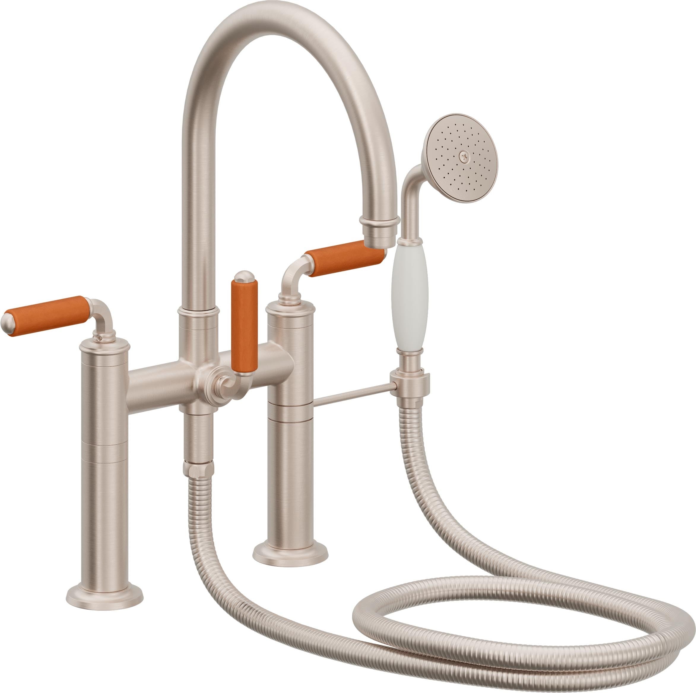 California Faucets Palomar Tradicional Llenador de Tina de Montaje en Cubierta - Pico en Arco - Manija de Porcelana Naranja - Níquel Satinado