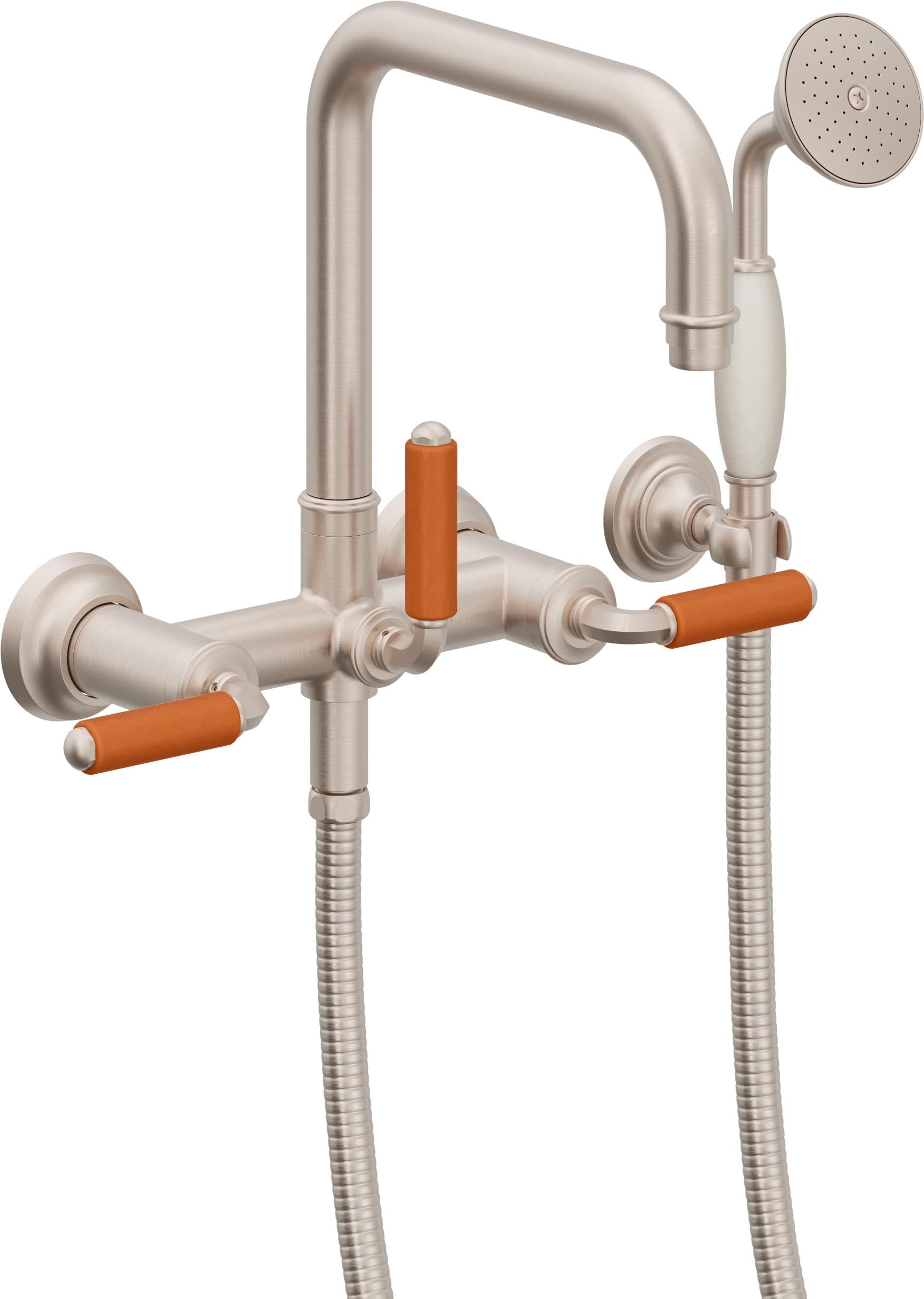 California Faucets Hermosa Tradicional Llenador de Tina de Montaje en Pared - Pico Cuadrado - Manija de Porcelana Naranja - Níquel Satinado