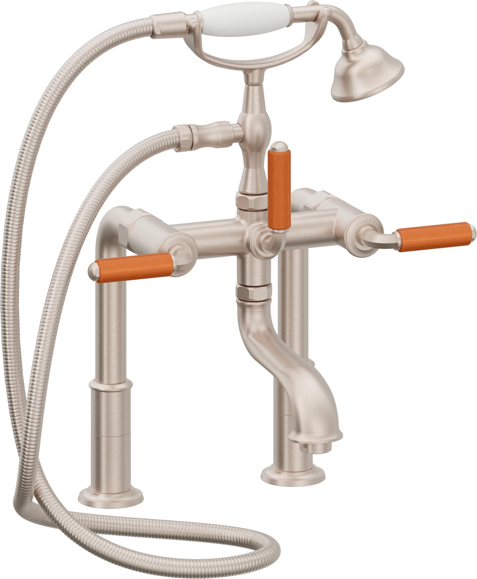 California Faucets Balboa Tradicional Llenador de Tina de Montaje en Cubierta - Manija de Porcelana Naranja - Níquel Satinado