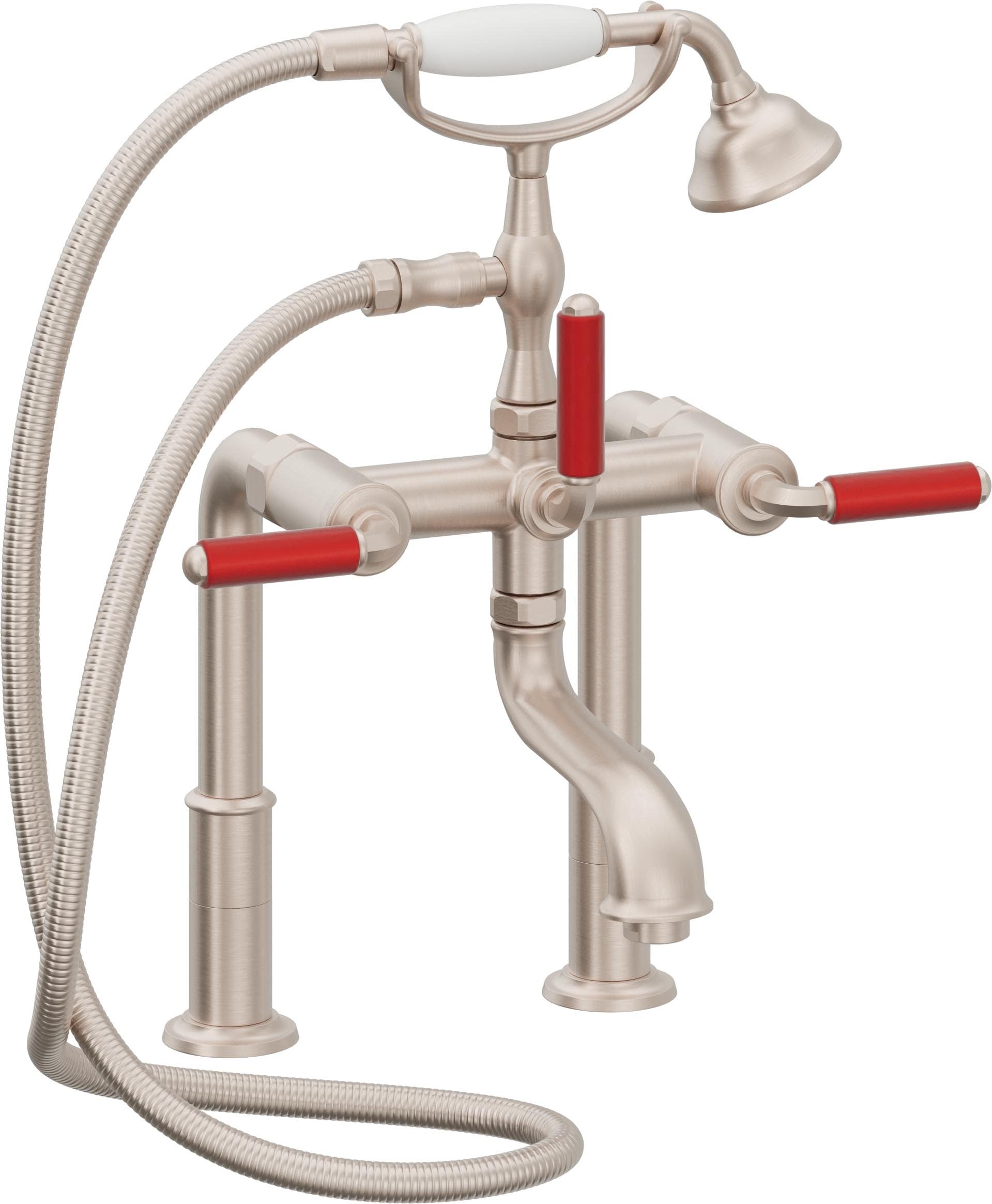 California Faucets Balboa Tradicional Llenador de Tina de Montaje en Cubierta - Manija Roja - Níquel Satinado