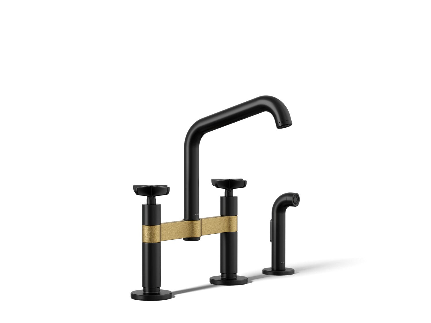 Kohler Billet — Mezcladora de Cocina tipo Puente con Rociador Lateral y Manijas de Cruz — Negro Mate con Latón Moderno Cepillado
