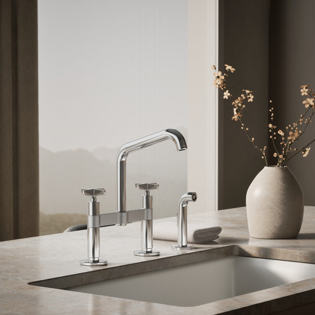Kohler Billet — Mezcladora de Cocina tipo Puente con Rociador Lateral y Manijas de Cruz — Ambientación 4