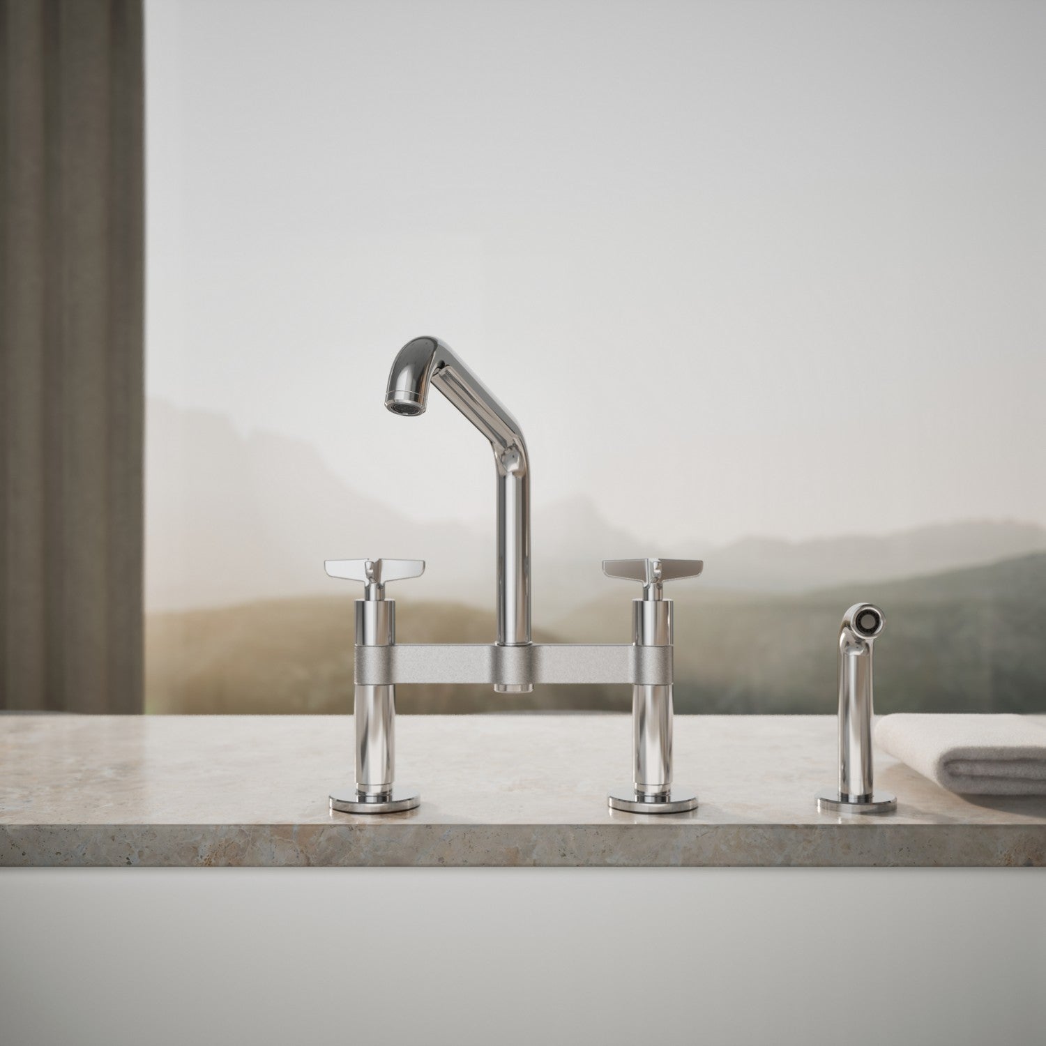Kohler Billet — Mezcladora de Cocina tipo Puente con Rociador Lateral y Manijas de Cruz — Ambientación 1