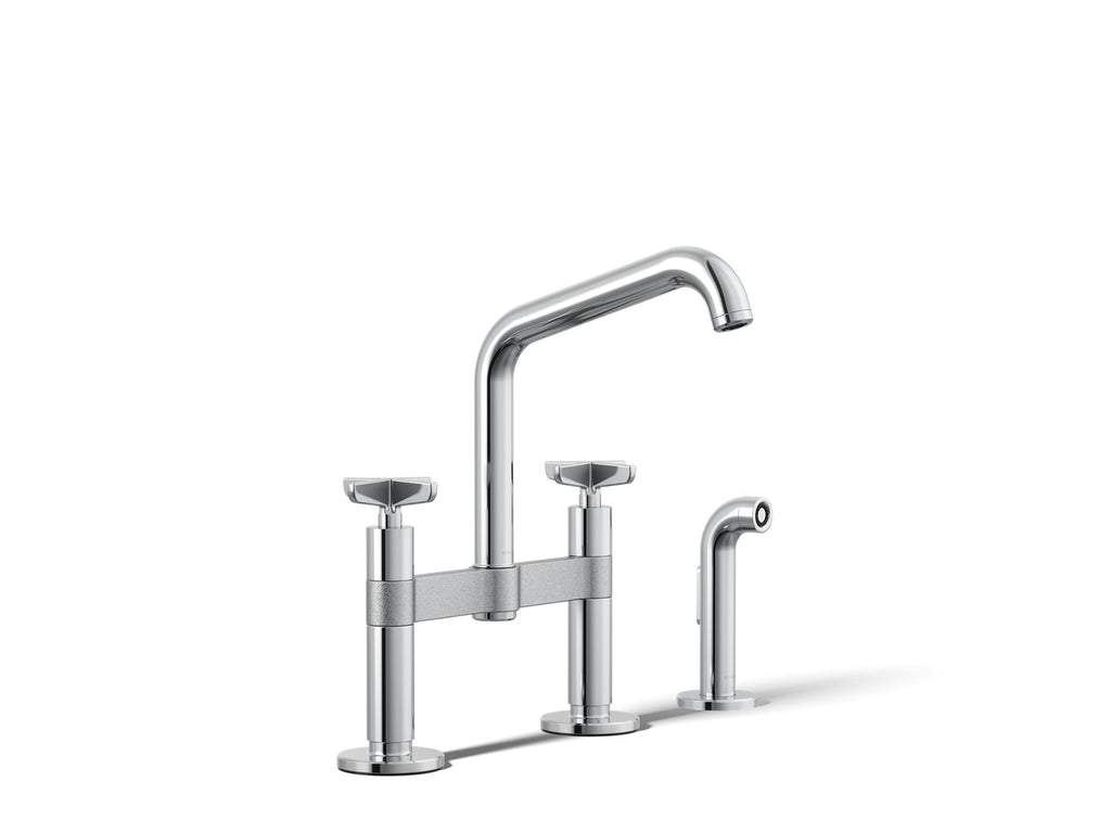 Kohler Billet — Mezcladora de Cocina tipo Puente con Rociador Lateral y Manijas de Cruz — Cromo Pulido