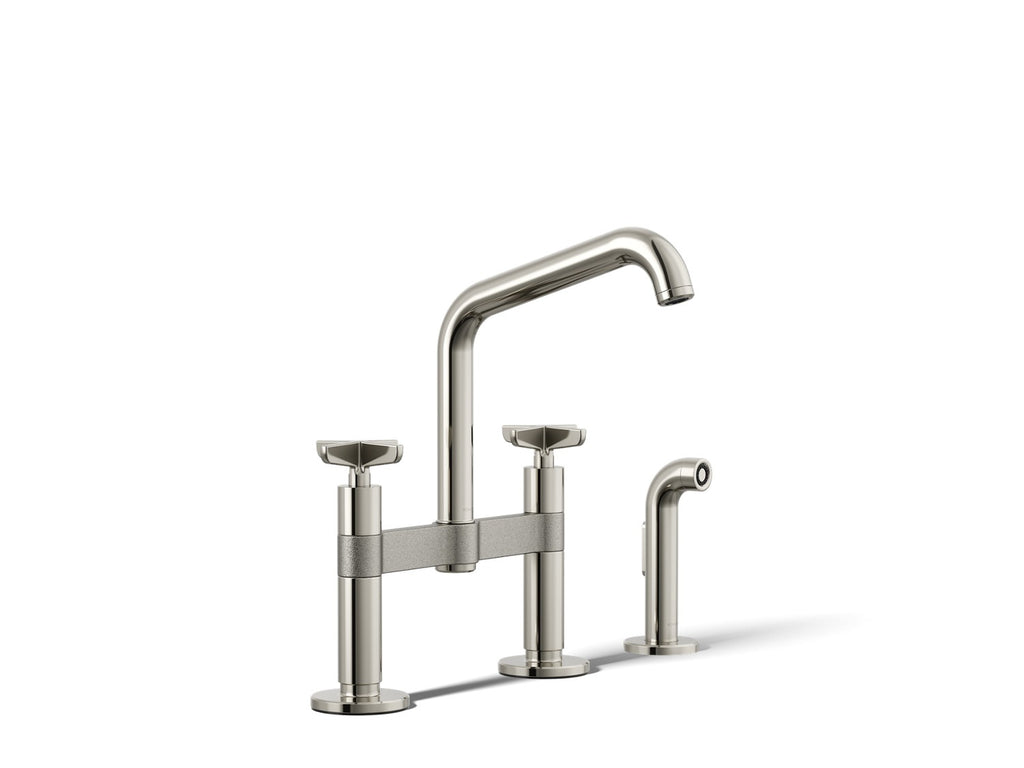Kohler Billet — Mezcladora de Cocina tipo Puente con Rociador Lateral y Manijas de Cruz — Níquel Pulido Vibrant