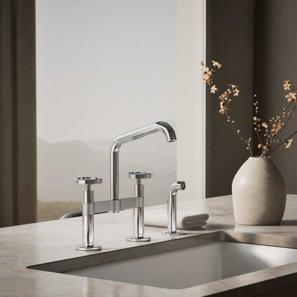 Kohler Billet — Mezcladora de Cocina tipo Puente con Rociador Lateral y Manijas Redondas — Ambientación 4