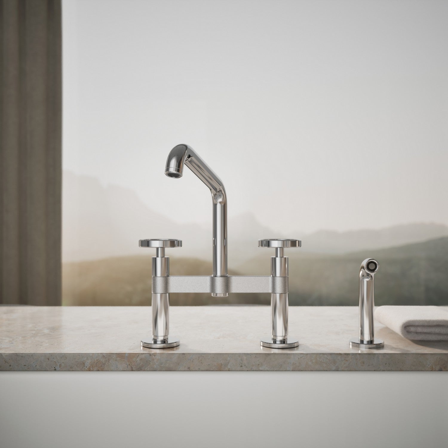 Kohler Billet — Mezcladora de Cocina tipo Puente con Rociador Lateral y Manijas Redondas — Ambientación 1