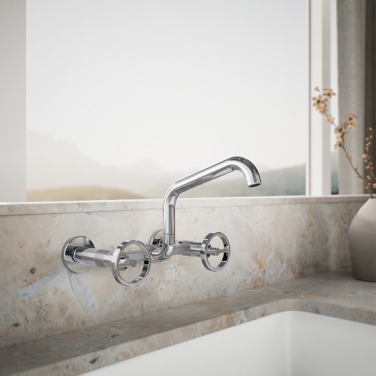 Kohler Billet — Mezcladora de Cocina tipo Puente de Pared con Manijas Redondas — Ambientación 1