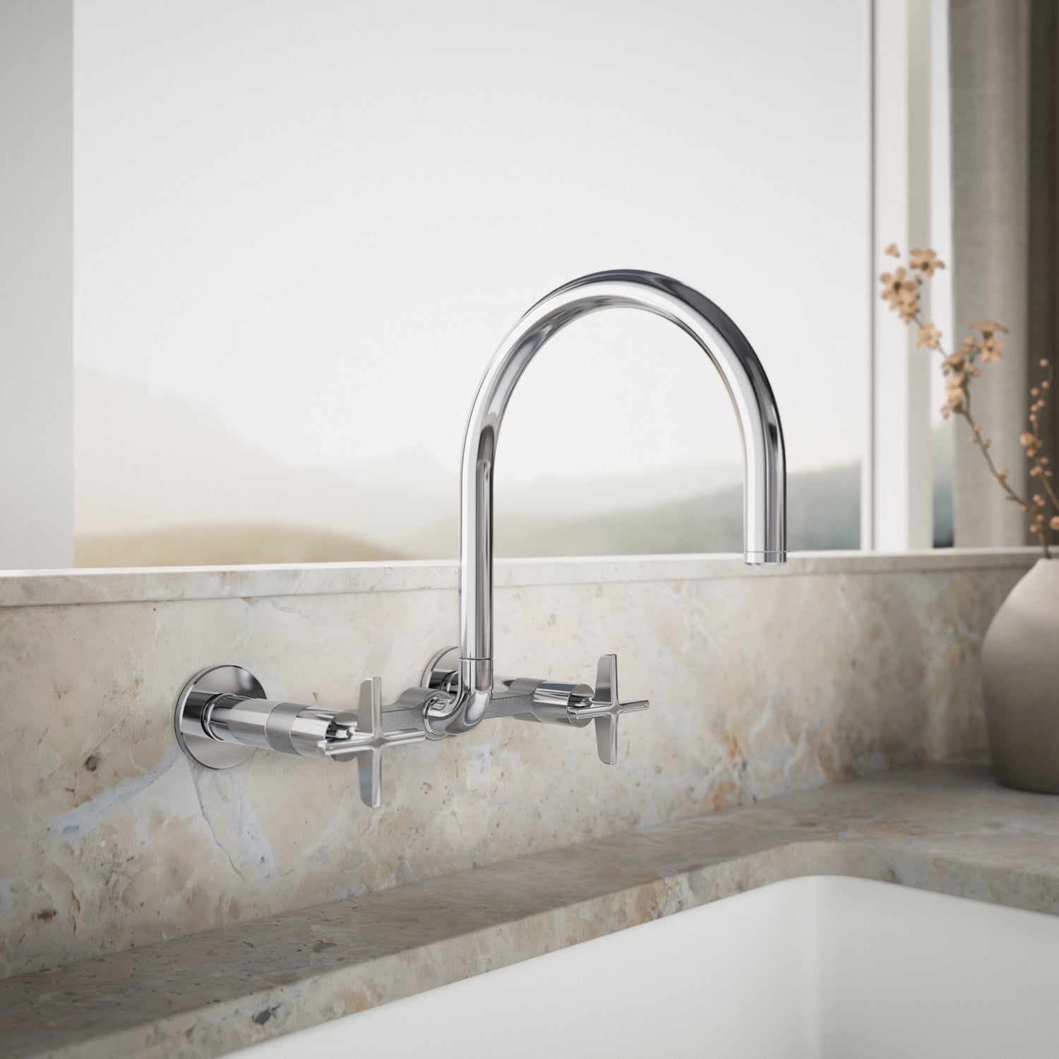 Kohler Billet — Mezcladora de Cocina tipo Puente de Pared, Arco Alto, con Manijas de Cruz — Ambientación 1