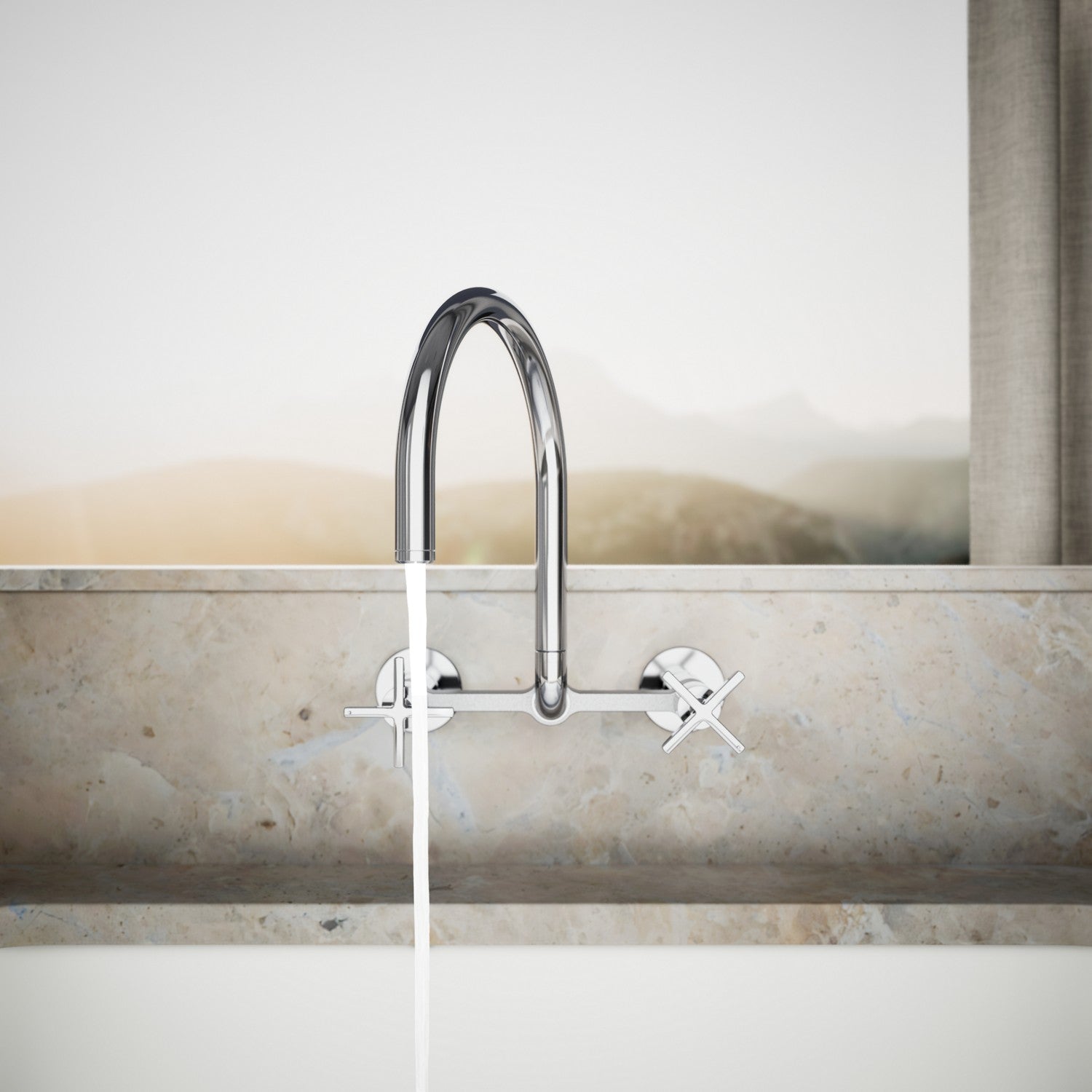 Kohler Billet — Mezcladora de Cocina tipo Puente de Pared, Arco Alto, con Manijas de Cruz — Ambientación 3