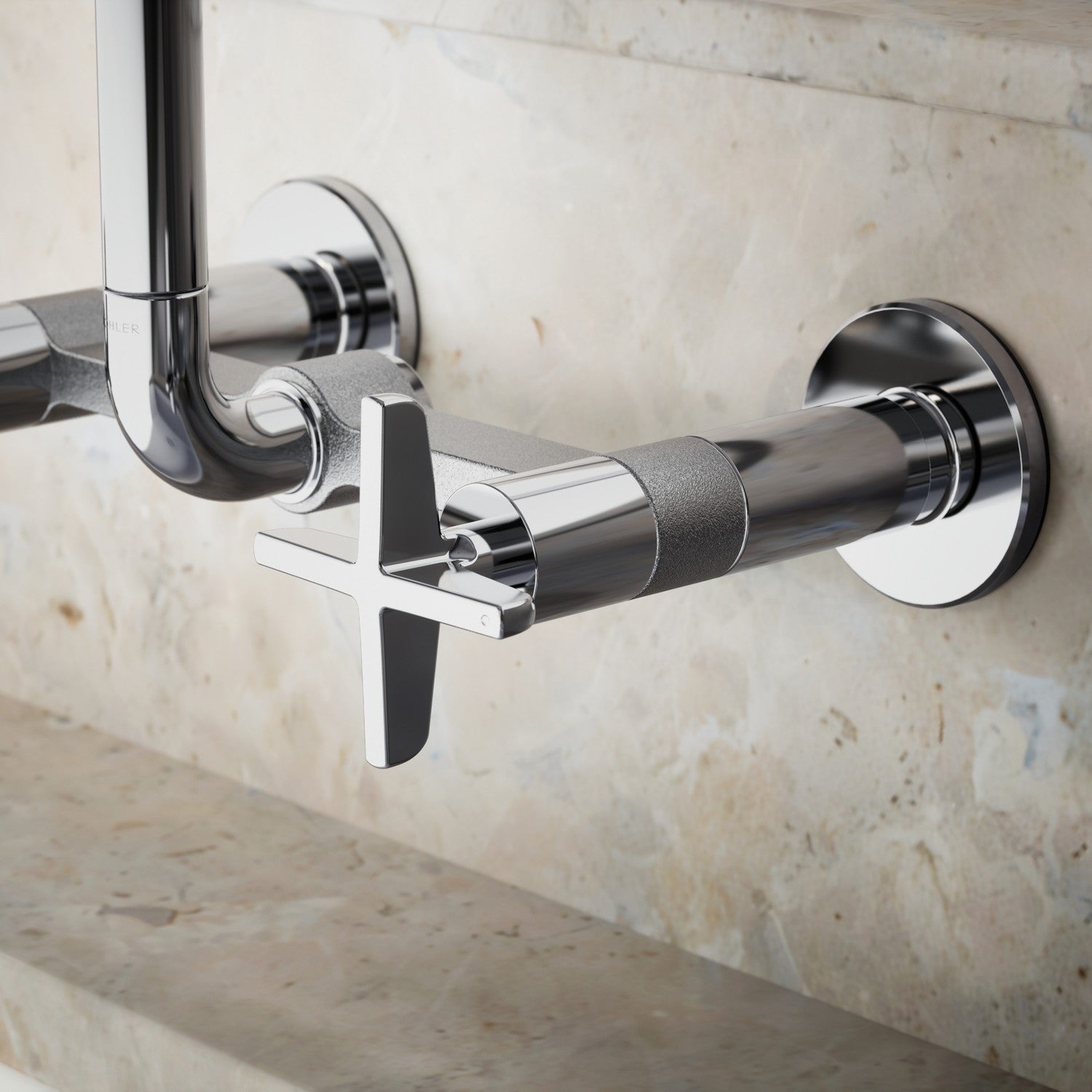 Kohler Billet — Mezcladora de Cocina tipo Puente de Pared, Arco Alto, con Manijas de Cruz — Ambientación 2