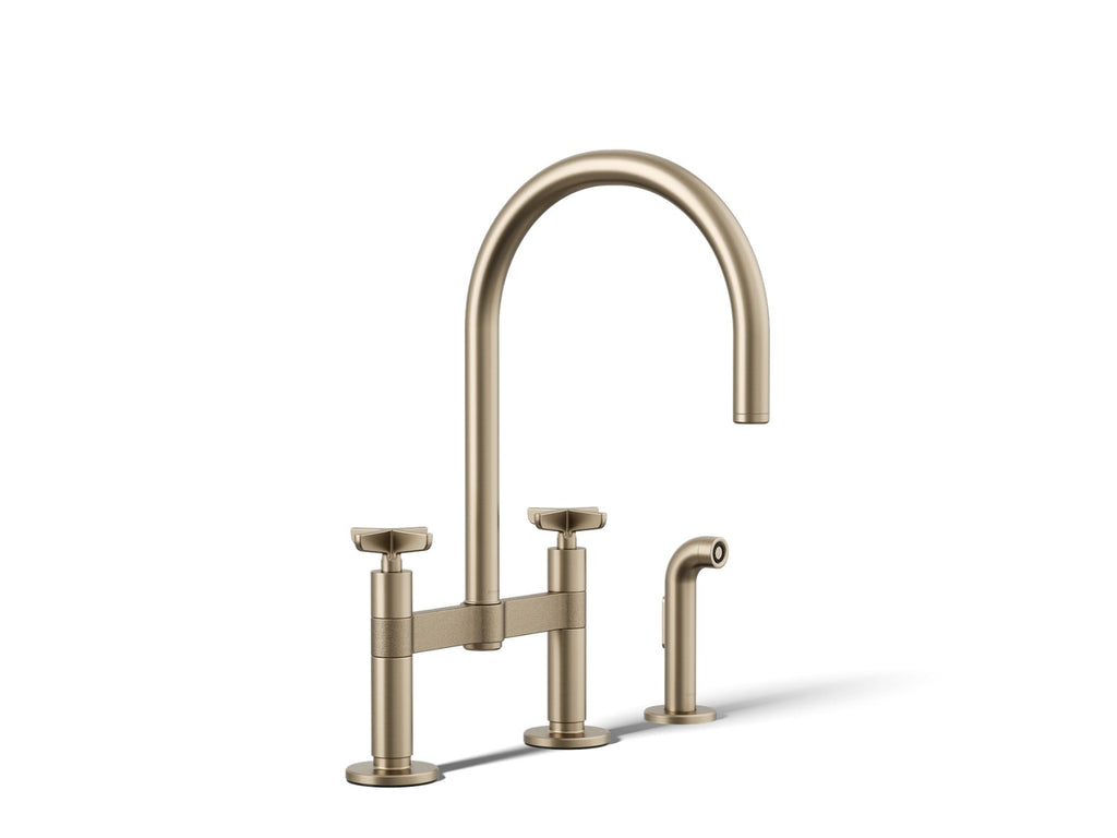 Kohler Billet — Mezcladora de Cocina tipo Puente Alto con Rociador Lateral y Manijas de Cruz — Bronce Cepillado Vibrant