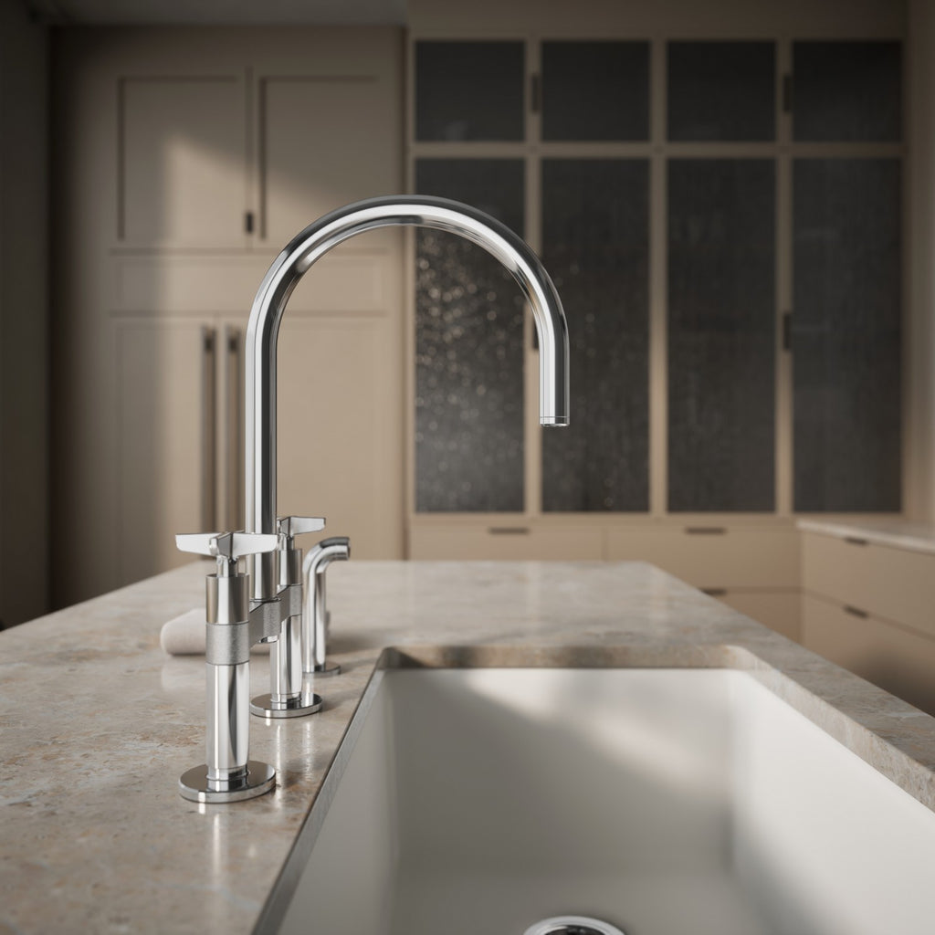 Kohler Billet — Mezcladora de Cocina tipo Puente Alto con Rociador Lateral y Manijas de Cruz — Ambientación 3