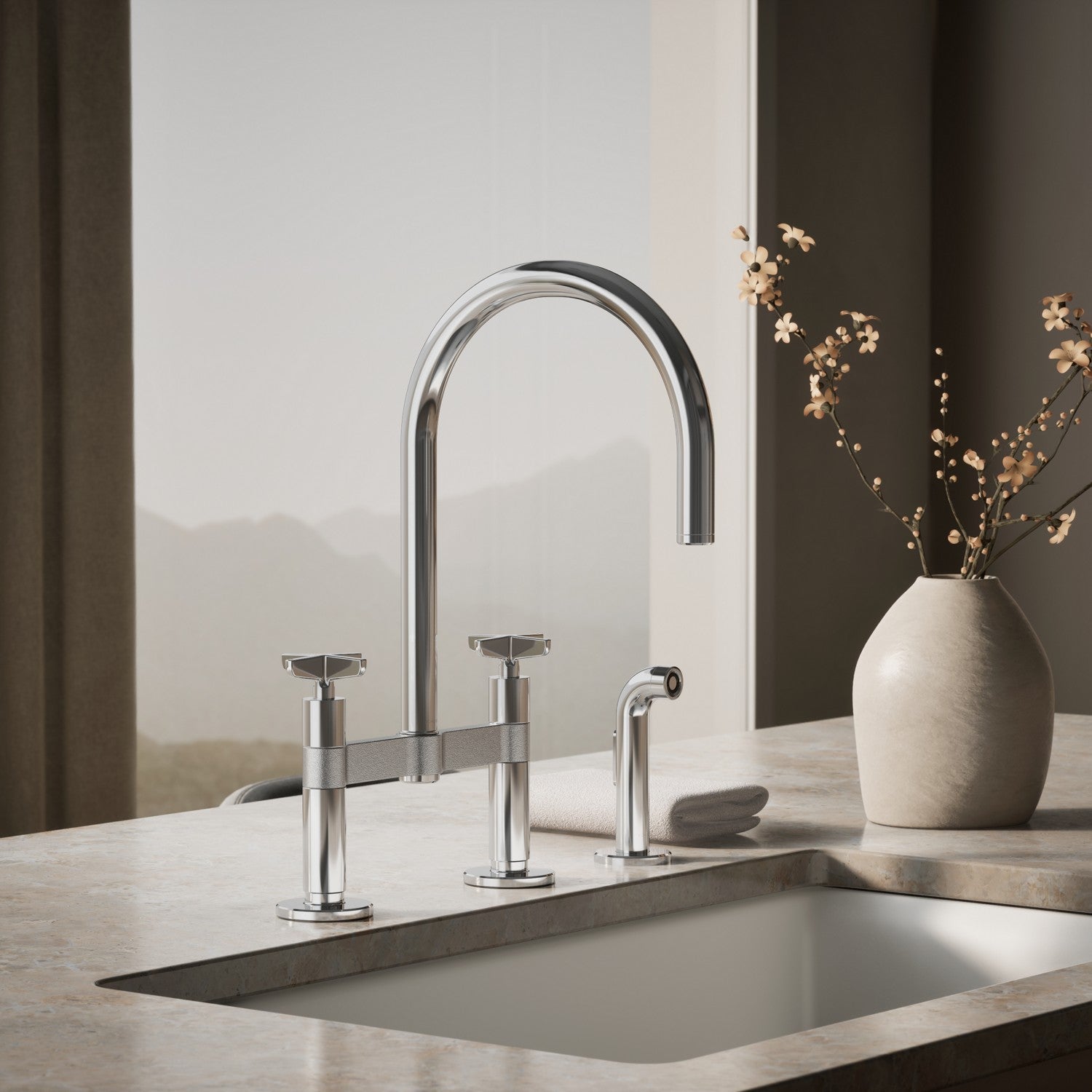 Kohler Billet — Mezcladora de Cocina tipo Puente Alto con Rociador Lateral y Manijas de Cruz — Ambientación 4