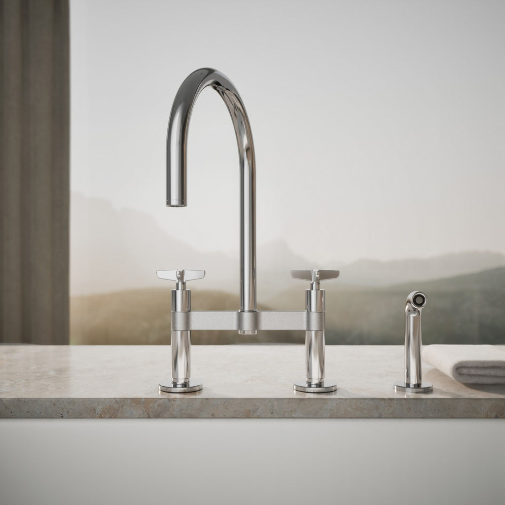 Kohler Billet — Mezcladora de Cocina tipo Puente Alto con Rociador Lateral y Manijas de Cruz — Ambientación 1