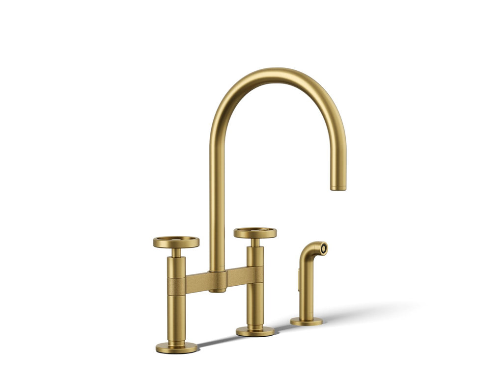Kohler Billet — Mezcladora de Cocina tipo Puente Alto con Rociador Lateral y Manijas Redondas — Latón Moderno Cepillado Vibrant