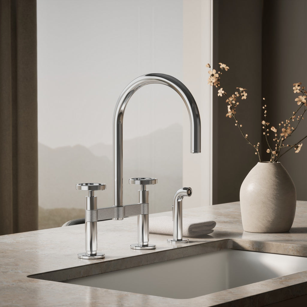 Kohler Billet — Mezcladora de Cocina tipo Puente Alto con Rociador Lateral y Manijas Redondas — Ambientación 4