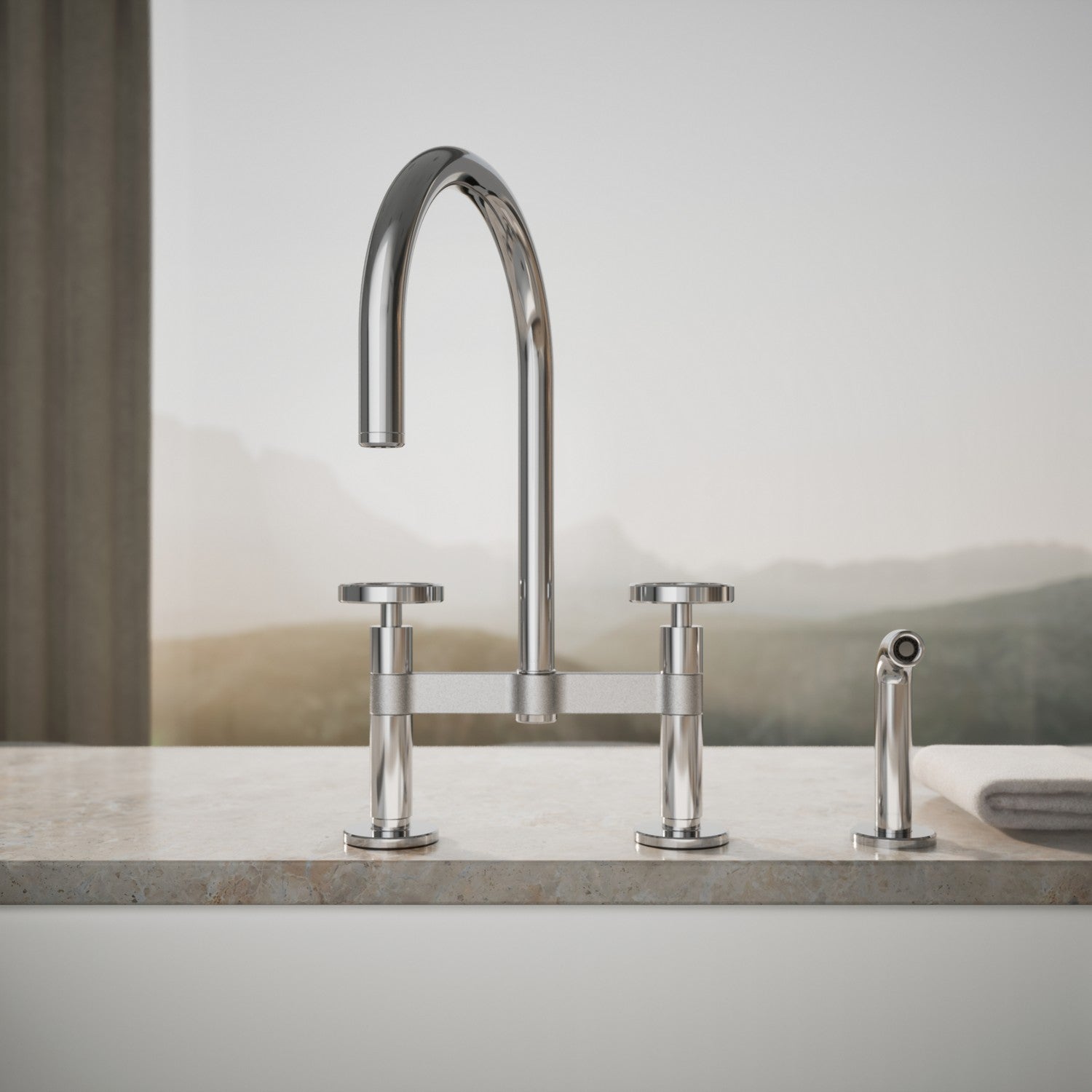 Kohler Billet — Mezcladora de Cocina tipo Puente Alto con Rociador Lateral y Manijas Redondas — Ambientación 1