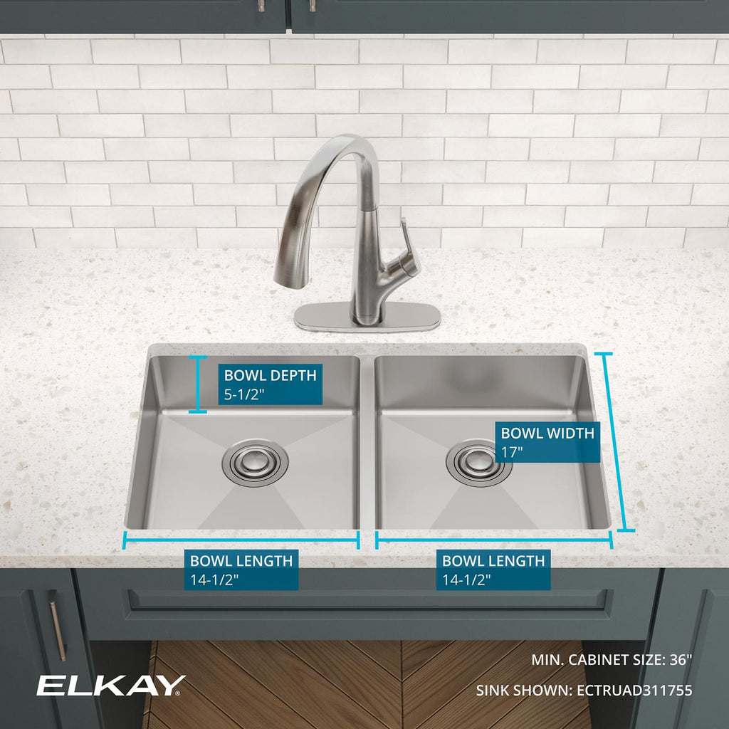 Elkay Tarja Crosstown® Calibre 18 Acero Inoxidable 31-1/2" x 18-1/2" x 5-1/2" de Dos Tazones Bajo Cubierta — ambiente de cocina