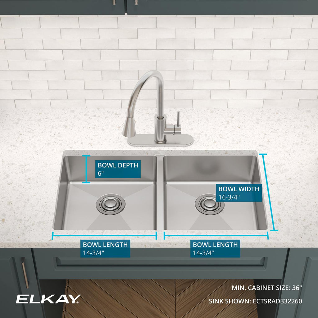 Elkay Tarja Crosstown® Calibre 18 Acero Inoxidable 33" x 22" x 6" de Dos Tazones Iguales ADA de Doble Montaje — ambiente de cocina