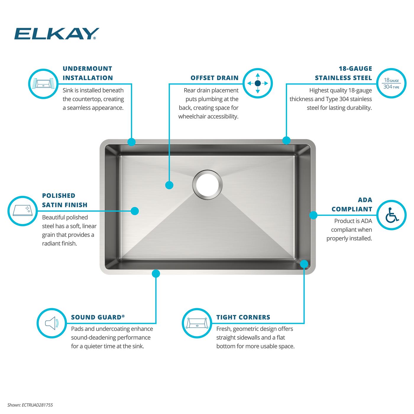 Elkay Tarja Crosstown® Calibre 18 Acero Inoxidable 29-1/2" x 18-1/2" x 5-1/2" de Un Tazón Bajo Cubierta — ambiente de cocina