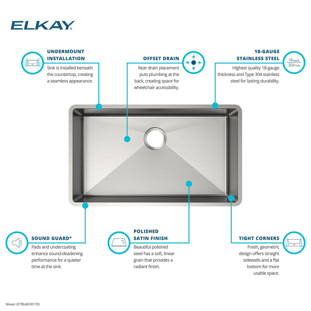 Elkay Tarja Crosstown® Calibre 18 Acero Inoxidable 31-1/2" x 18-1/2" x 5-1/2" de Un Tazón Bajo Cubierta — ambiente de cocina