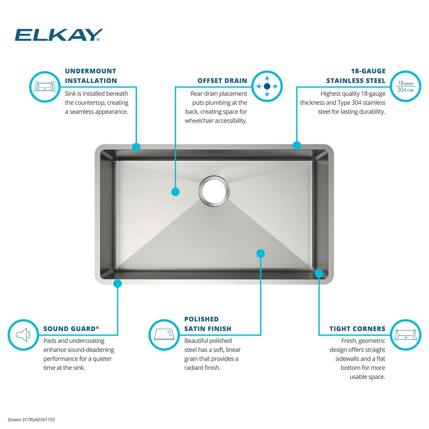 Elkay Tarja Crosstown® Calibre 18 Acero Inoxidable 31-1/2" x 18-1/2" x 5-1/2" de Un Tazón Bajo Cubierta — ambiente de cocina