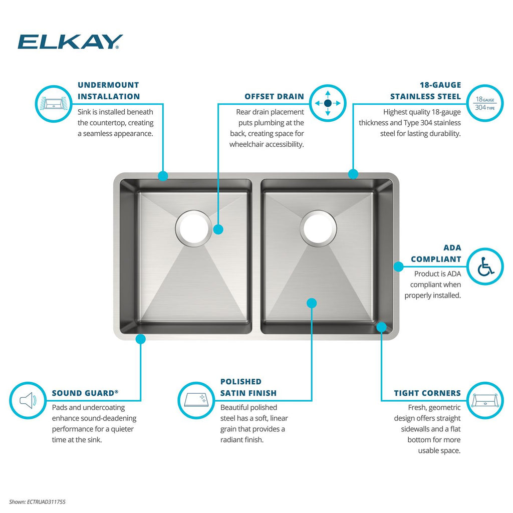 Elkay Tarja Crosstown® Calibre 18 Acero Inoxidable 31-1/2" x 18-1/2" x 5-1/2" de Dos Tazones Bajo Cubierta — ambiente de cocina
