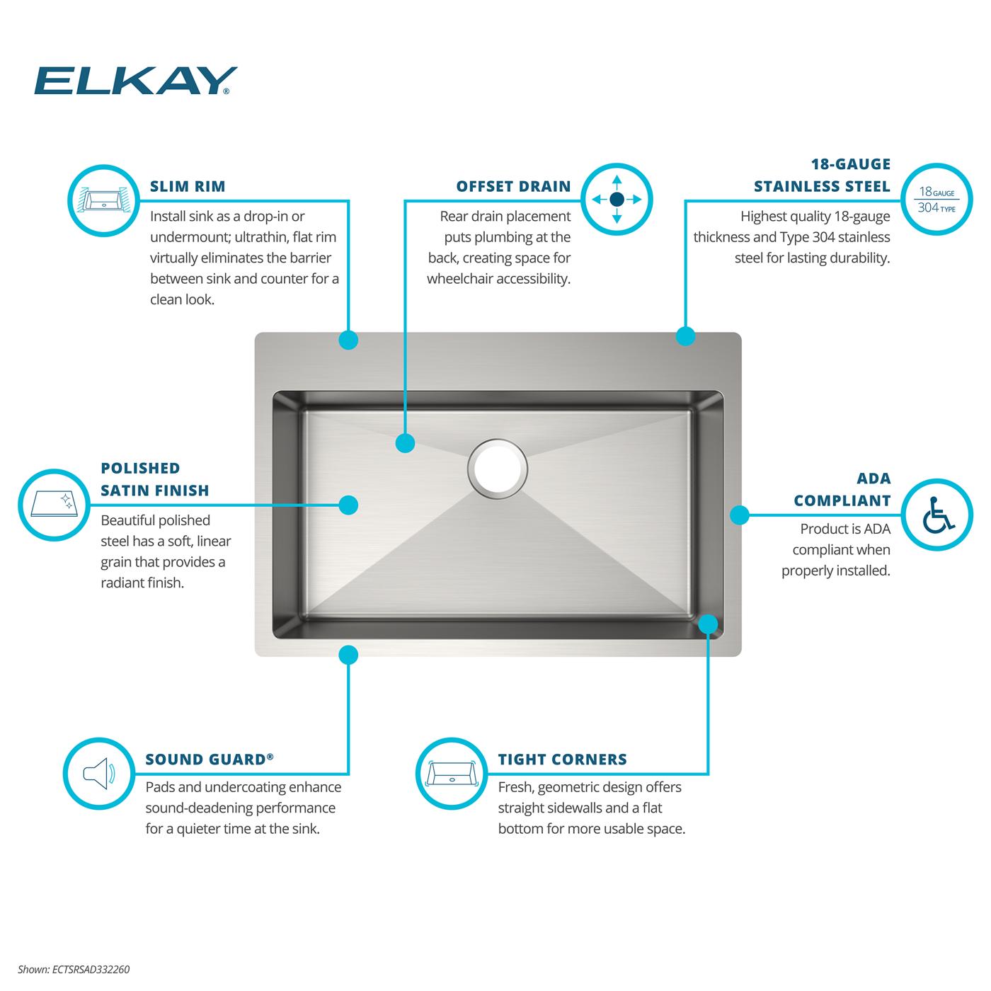 Elkay Tarja Crosstown® Calibre 18 Acero Inoxidable 33" x 22" x 6" de Un Tazón ADA de Doble Montaje — ambiente de cocina