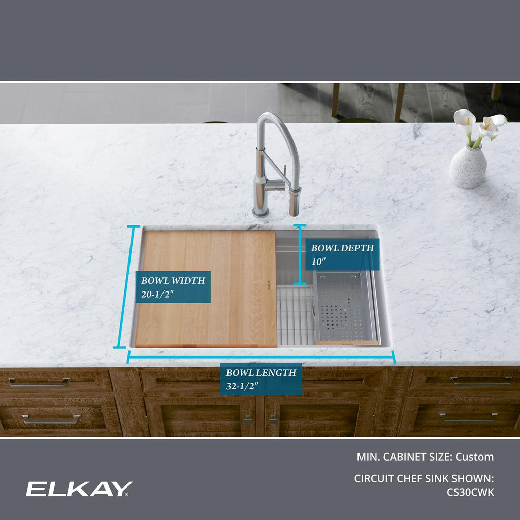 Elkay Tarja Circuit Chef® Workstation Acero Inoxidable 32-1/2" x 20-1/2" x 10" de Un Tazón Bajo Cubierta (Kit con Tablas de Madera de Cerezo) — ambiente de cocina
