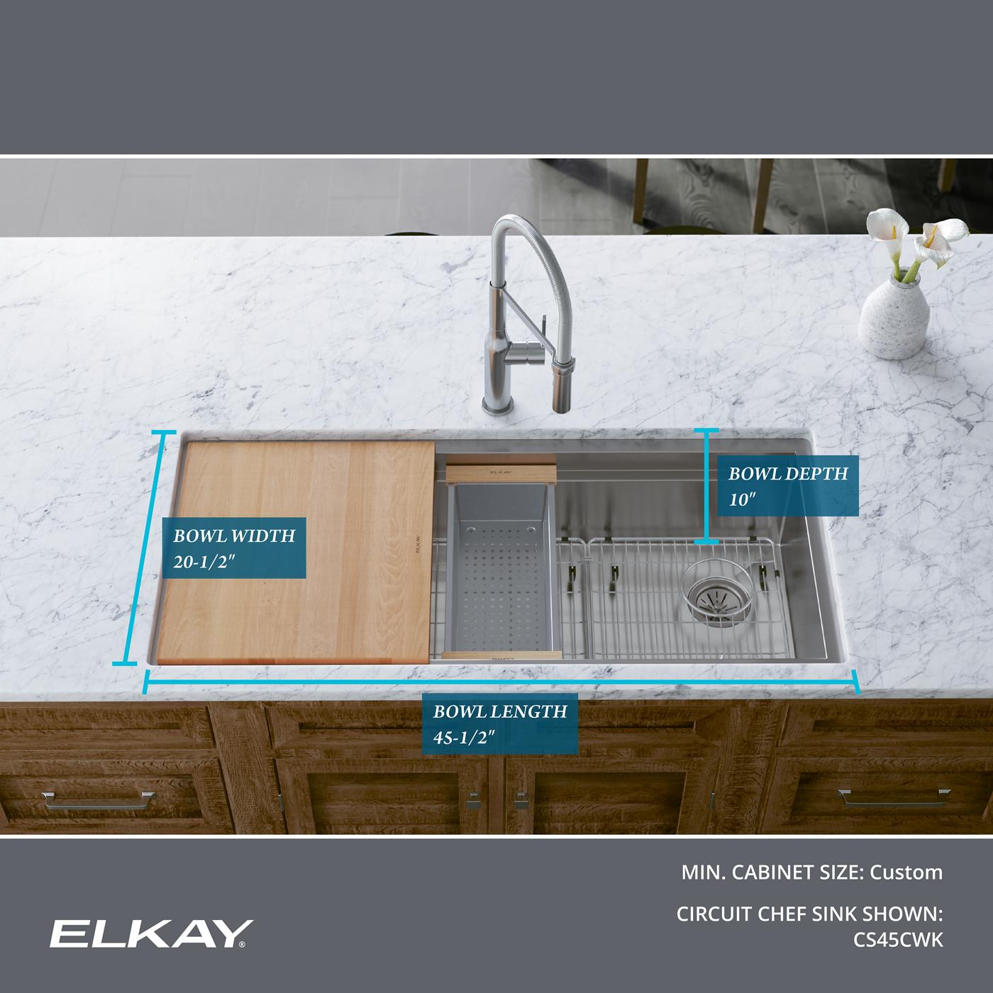 Elkay Tarja Circuit Chef® Workstation Acero Inoxidable 45-1/2" x 20-1/2" x 10" de Un Tazón Bajo Cubierta (Kit con Tablas de Madera de Cerezo) — ambiente de cocina