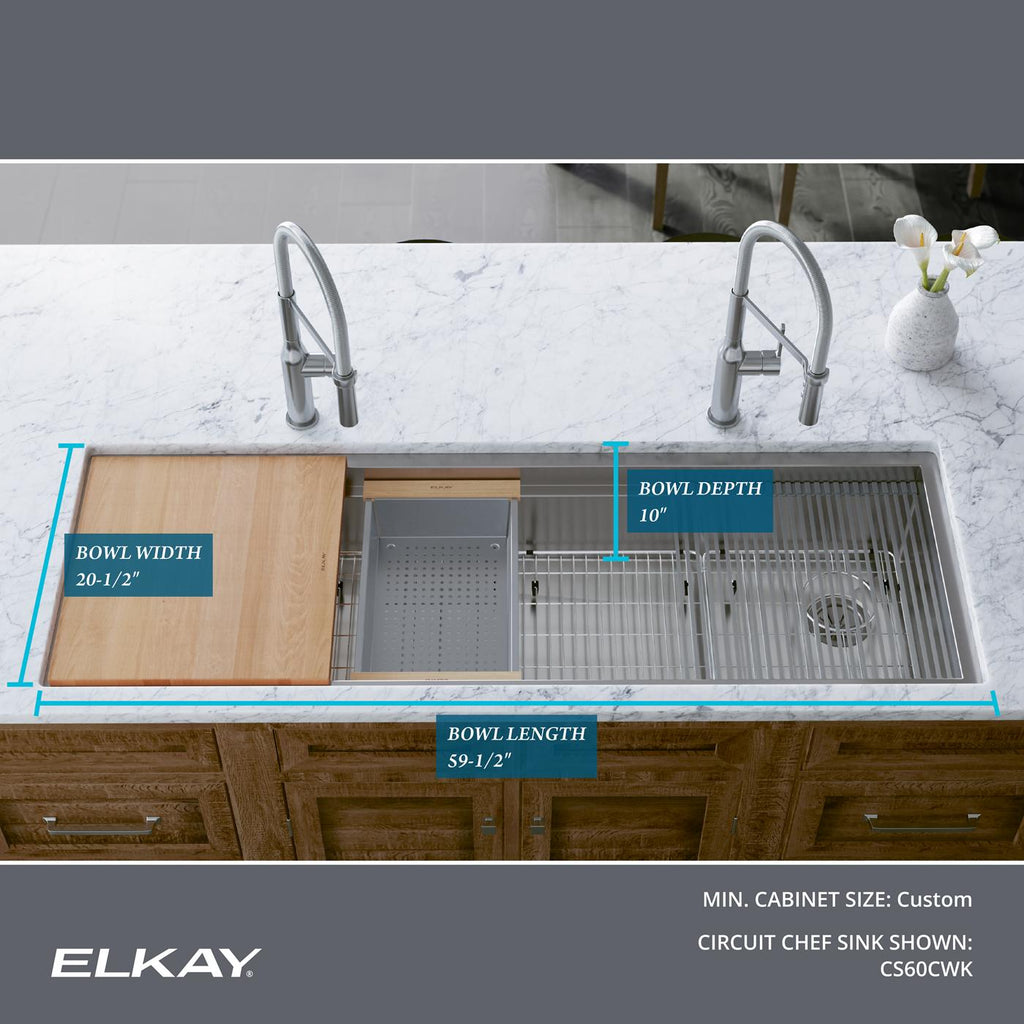 Elkay Tarja Circuit Chef® Workstation Acero Inoxidable 59-1/2" x 20-1/2" x 10" de Un Tazón Bajo Cubierta (Kit con Tablas de Polímero Negro) — ambiente de cocina