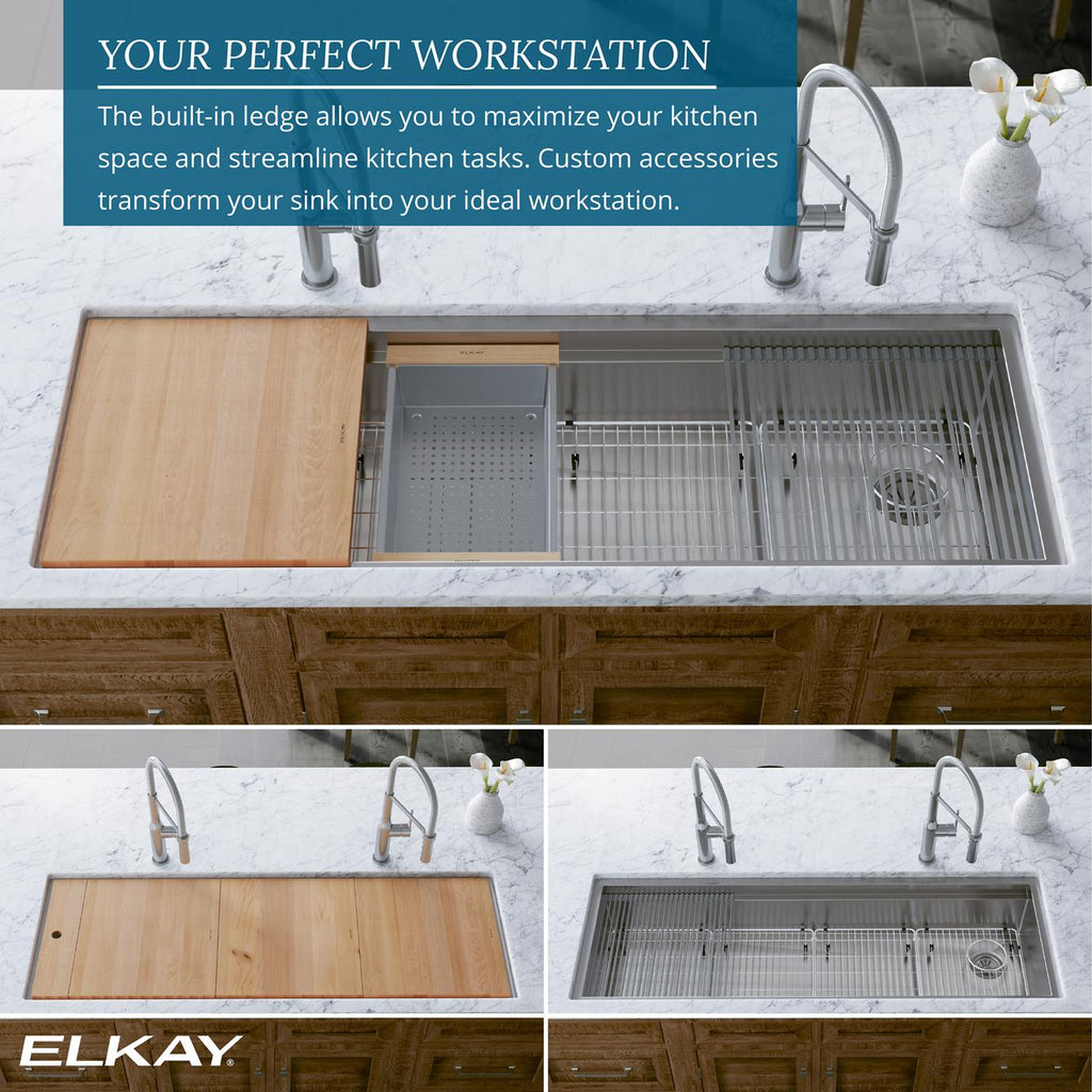 Elkay Tarja Circuit Chef® Workstation Acero Inoxidable 32-1/2" x 20-1/2" x 10" de Un Tazón Bajo Cubierta (Kit con Tablas de Polímero Blanco) — ambiente de cocina