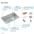 Elkay Tarja Circuit Chef® Workstation Acero Inoxidable 32-1/2" x 20-1/2" x 10" de Un Tazón Bajo Cubierta (Kit con Tablas de Madera de Cerezo) — ambiente de cocina