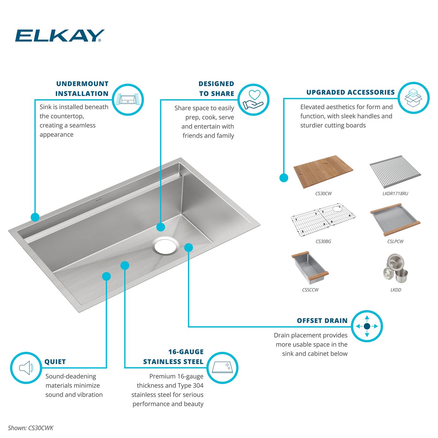Elkay Tarja Circuit Chef® Workstation Acero Inoxidable 32-1/2" x 20-1/2" x 10" de Un Tazón Bajo Cubierta (Kit con Tablas de Madera de Cerezo) — ambiente de cocina