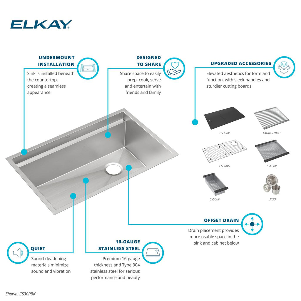 Elkay Tarja Circuit Chef® Workstation Acero Inoxidable 32-1/2" x 20-1/2" x 10" de Un Tazón Bajo Cubierta (Kit con Tablas de Polímero Negro) — ambiente de cocina