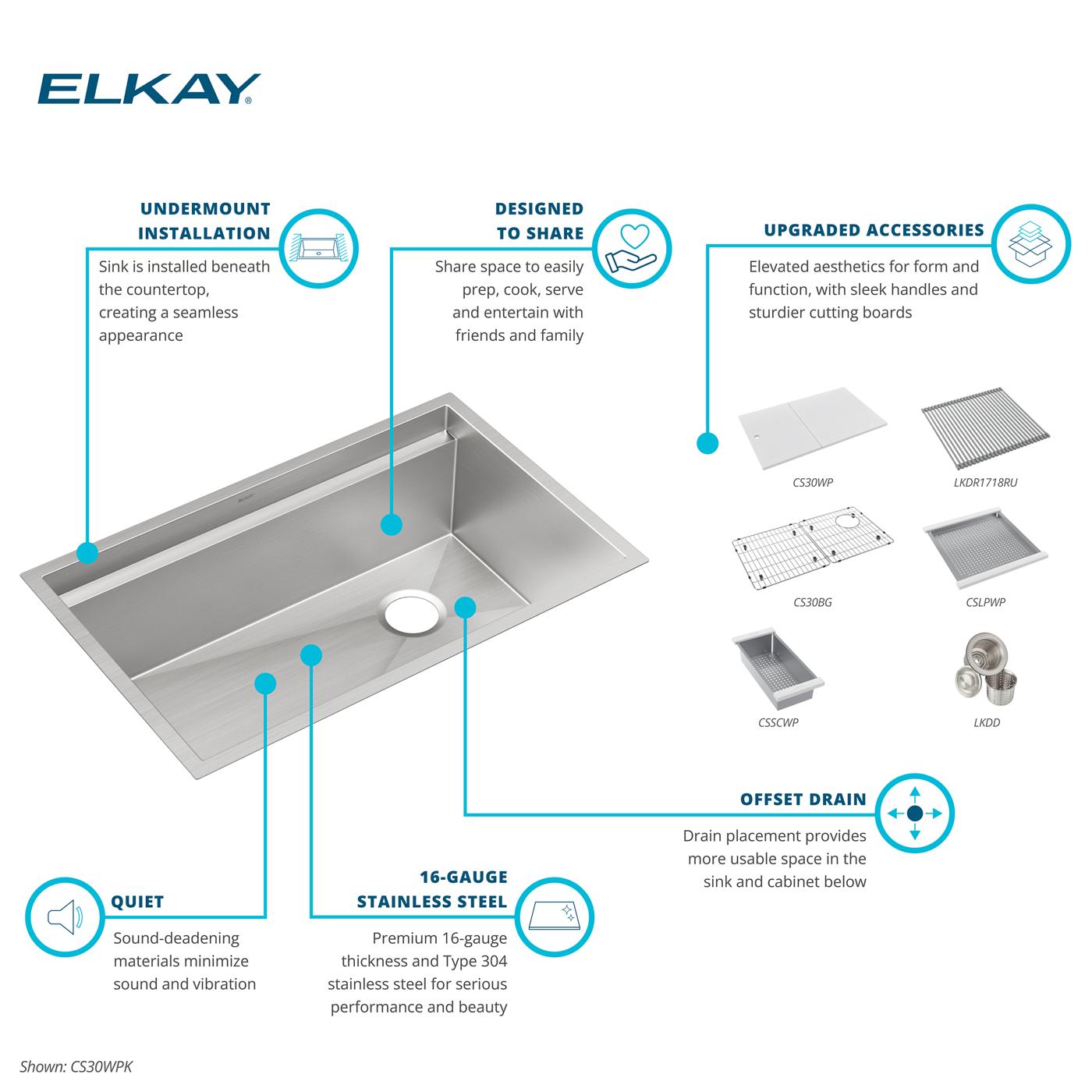 Elkay Tarja Circuit Chef® Workstation Acero Inoxidable 32-1/2" x 20-1/2" x 10" de Un Tazón Bajo Cubierta (Kit con Tablas de Polímero Blanco) — ambiente de cocina