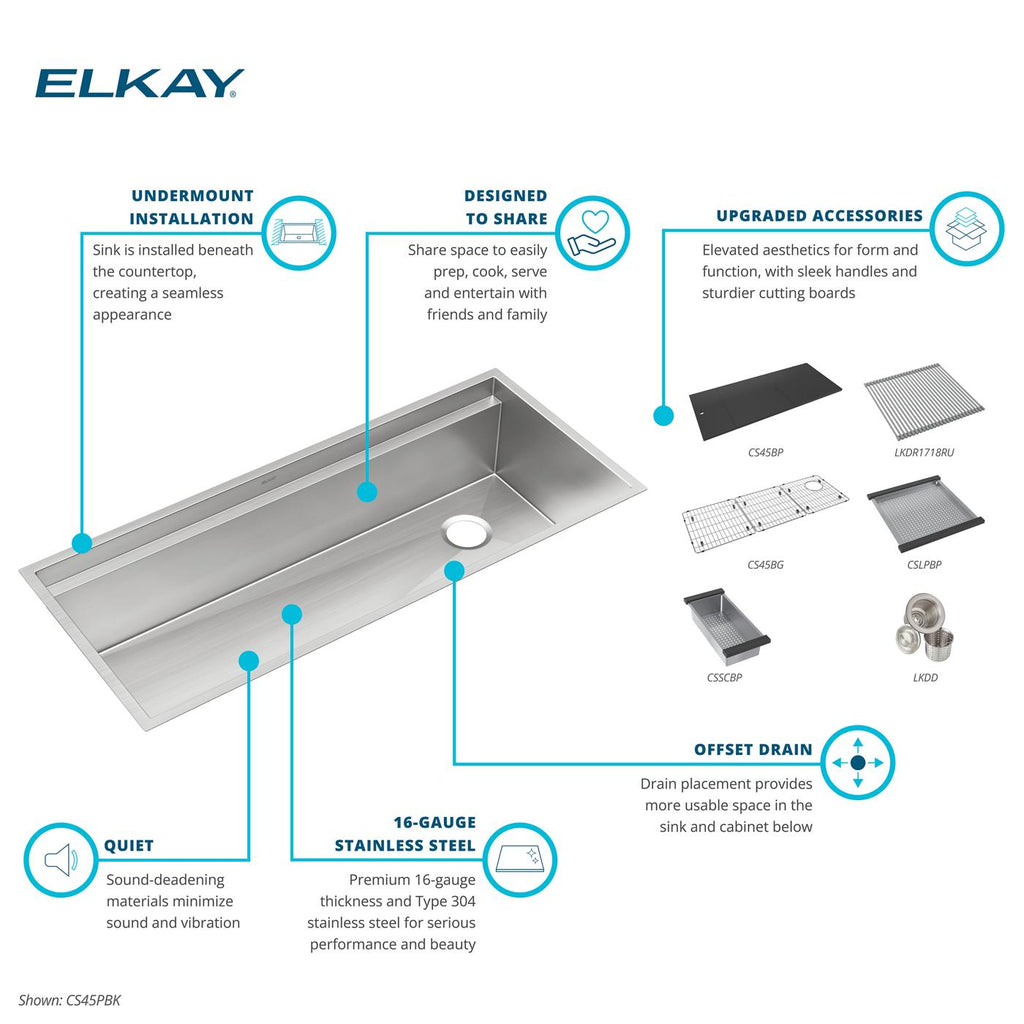 Elkay Tarja Circuit Chef® Workstation Acero Inoxidable 45-1/2" x 20-1/2" x 10" de Un Tazón Bajo Cubierta (Kit con Tablas de Polímero Negro) — ambiente de cocina