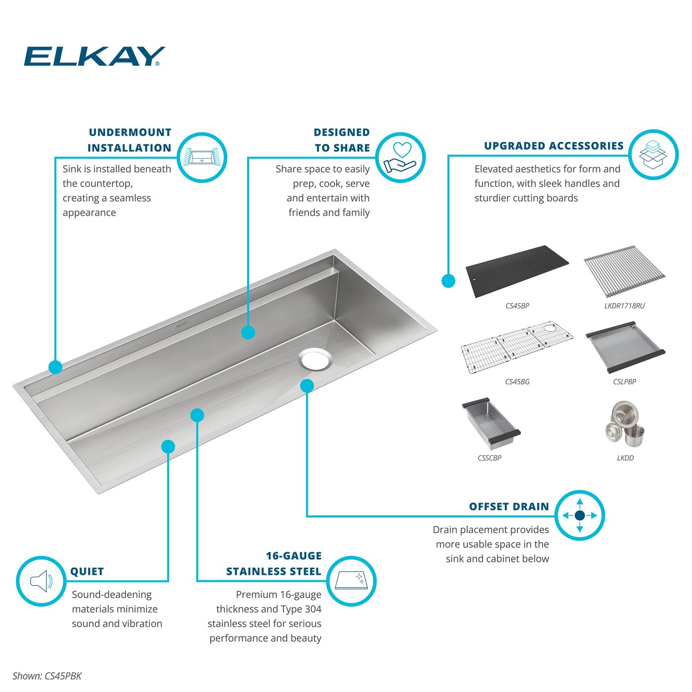 Elkay Tarja Circuit Chef® Workstation Acero Inoxidable 45-1/2" x 20-1/2" x 10" de Un Tazón Bajo Cubierta (Kit con Tablas de Polímero Negro) — ambiente de cocina
