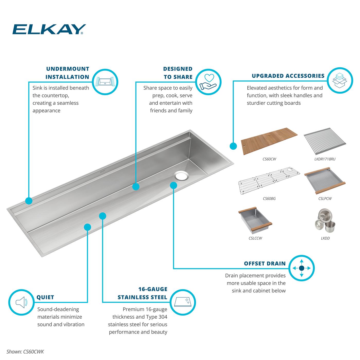 Elkay Tarja Circuit Chef® Workstation Acero Inoxidable 59-1/2" x 20-1/2" x 10" de Un Tazón Bajo Cubierta (Kit) with Cherry Wood Boards — ambiente de cocina