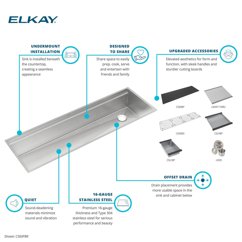 Elkay Tarja Circuit Chef® Workstation Acero Inoxidable 59-1/2" x 20-1/2" x 10" de Un Tazón Bajo Cubierta (Kit con Tablas de Polímero Negro) — ambiente de cocina