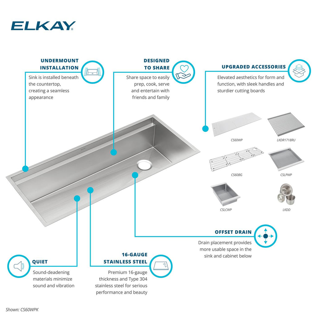 Elkay Tarja Circuit Chef® Workstation Acero Inoxidable 59-1/2" x 20-1/2" x 10" de Un Tazón Bajo Cubierta (Kit con Tablas de Polímero Blanco) — ambiente de cocina