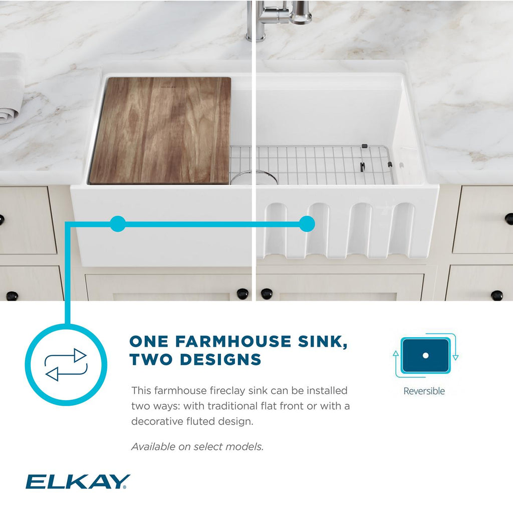 Elkay Tarja Fireclay 36" x 18-13/16" x 9-5/8" de Un Tazón Farmhouse Workstation (Kit) Blanco — ambiente de cocina