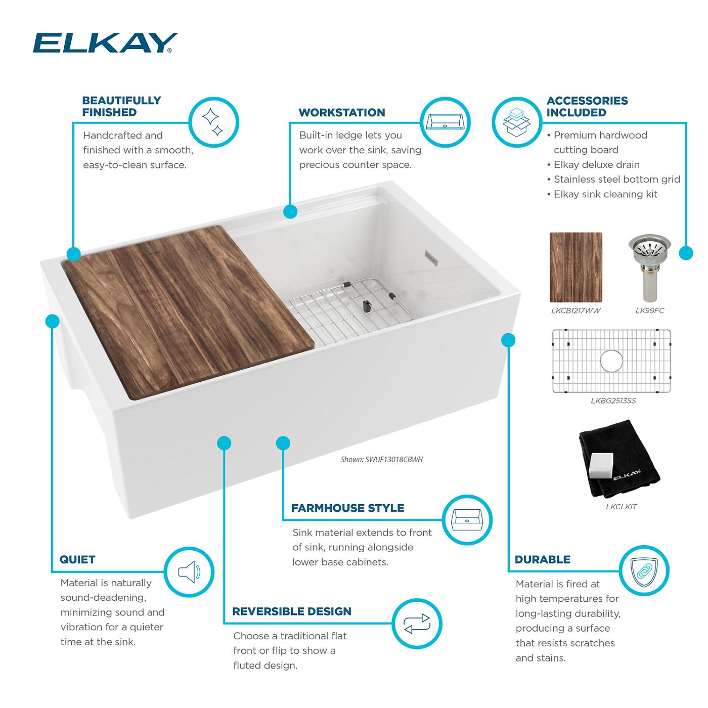 Elkay Tarja Fireclay 30" x 18-13/16" x 9-5/8" de Un Tazón Farmhouse Workstation (Kit) Blanco — ambiente de cocina
