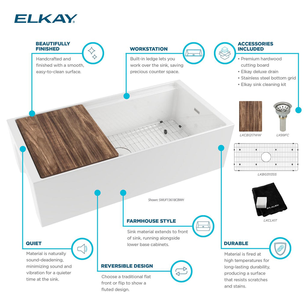 Elkay Tarja Fireclay 36" x 18-13/16" x 9-5/8" de Un Tazón Farmhouse Workstation (Kit) Blanco — ambiente de cocina