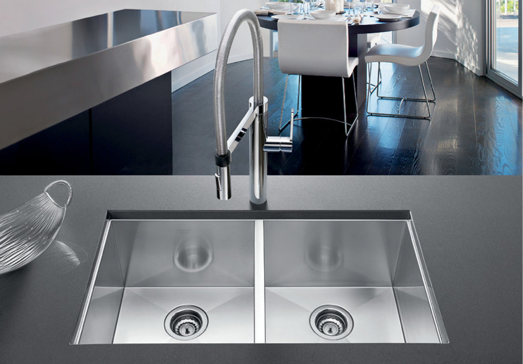 Blanco Precision 16″ R0 Medium Equal Double Bowl — Tarja de Acero Inoxidable