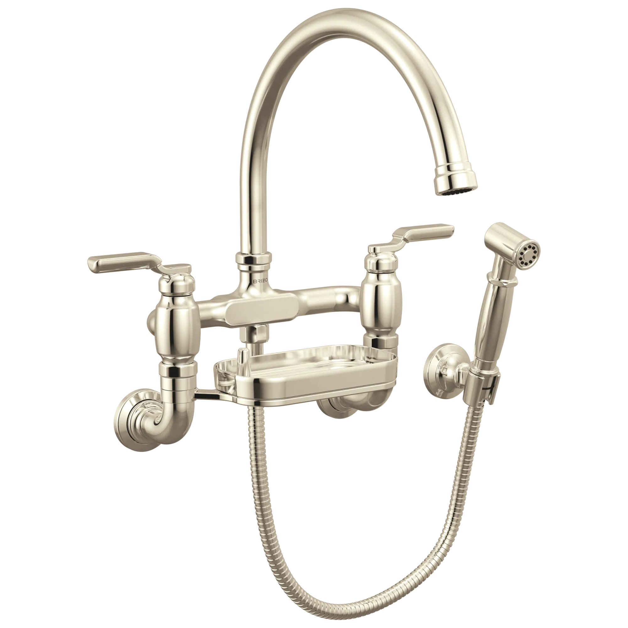 Brizo Faircroft Mezcladora Puente de Pared — Surtidor en Arco con Rociador Lateral — Níquel Pulido — Manija Industrial